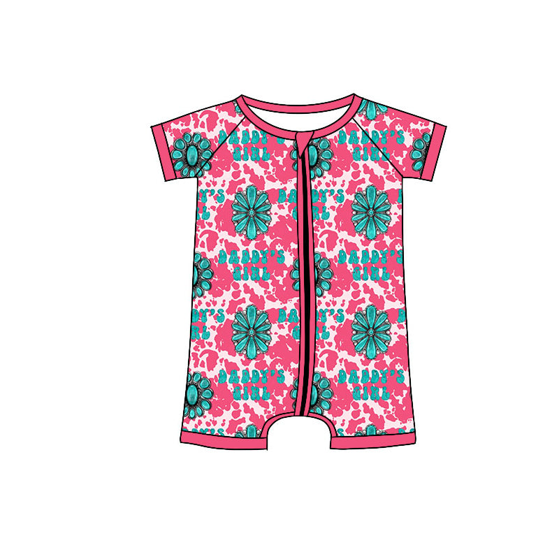 Preorder (moq 5)Baby Mama's Girl Turquoises Cow Print Western Zipper Shorts Rompers