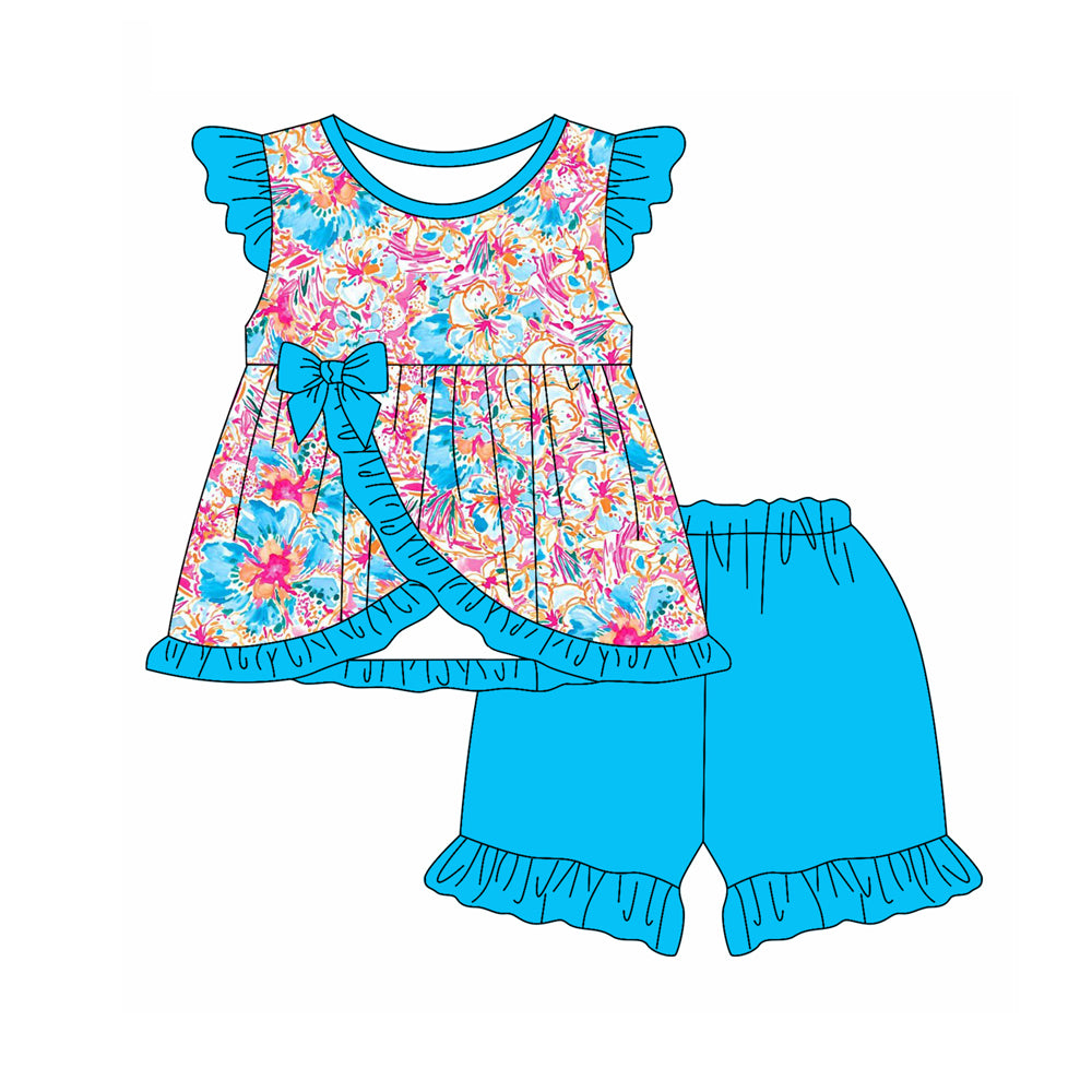 Preorder (moq 5)Baby Girls Blue Flowers Tunic Top Ruffle Shorts Clothes Sets