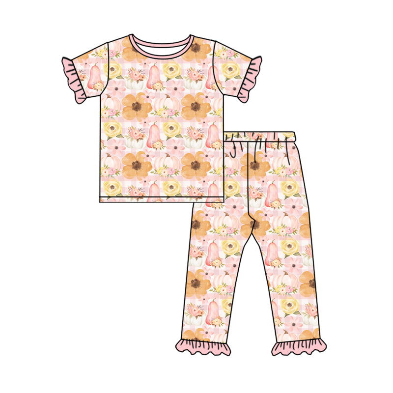 Preorder (moq 5)Baby Girls Short Ruffle Sleeves Flowers Pumpkins Top Pant Pajamas Set
