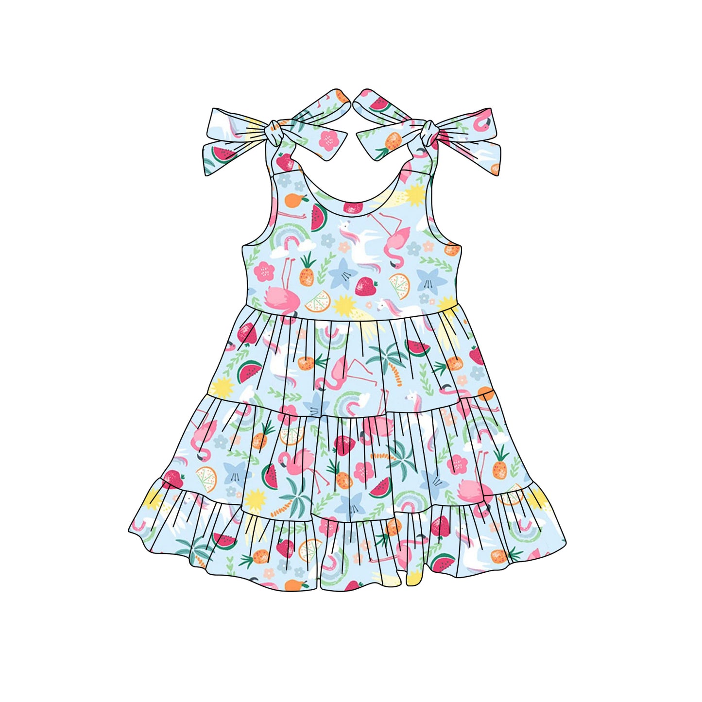 Preorder (moq 5)Baby Girls Blue Bows Strap Floral Flamingos Knee Length Dress