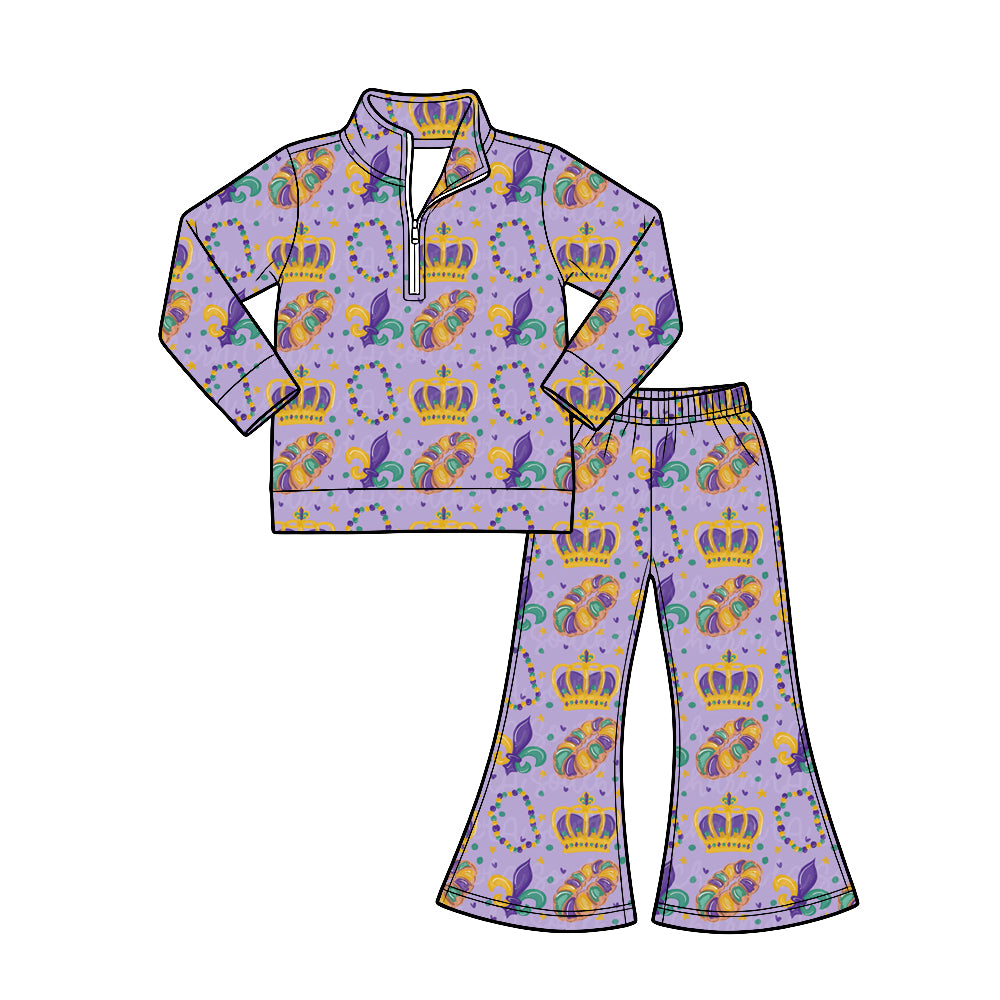Preorder (moq 5) girl clothes Mardi Gras Mardi Gras Crown Long Sleeve 1/4 Zip Pullover Flare Pants 2‑Piece Outfit Set