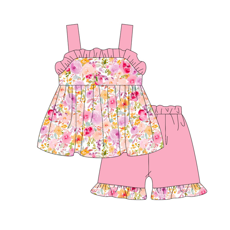 Preorder (moq 5)Baby Girls Pink Strap Floral Tunic Ruffle Shorts Clothes Sets