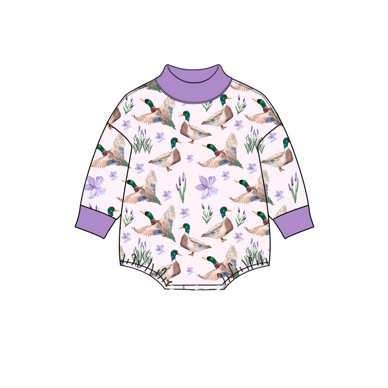 Preorder (moq 5) Baby Girl Clothes Mallard Duck Purple Floral Mixed Print Long Sleeve Mock Neck Bodysuit