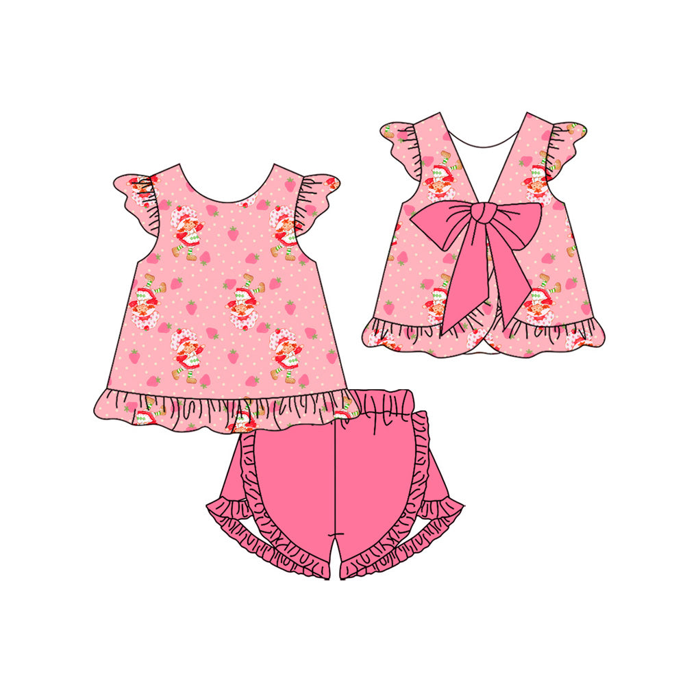 Preorder (moq 5)Baby Strawberry Girls Back Bow Tunic Ruffle Shorts Clothes Sets