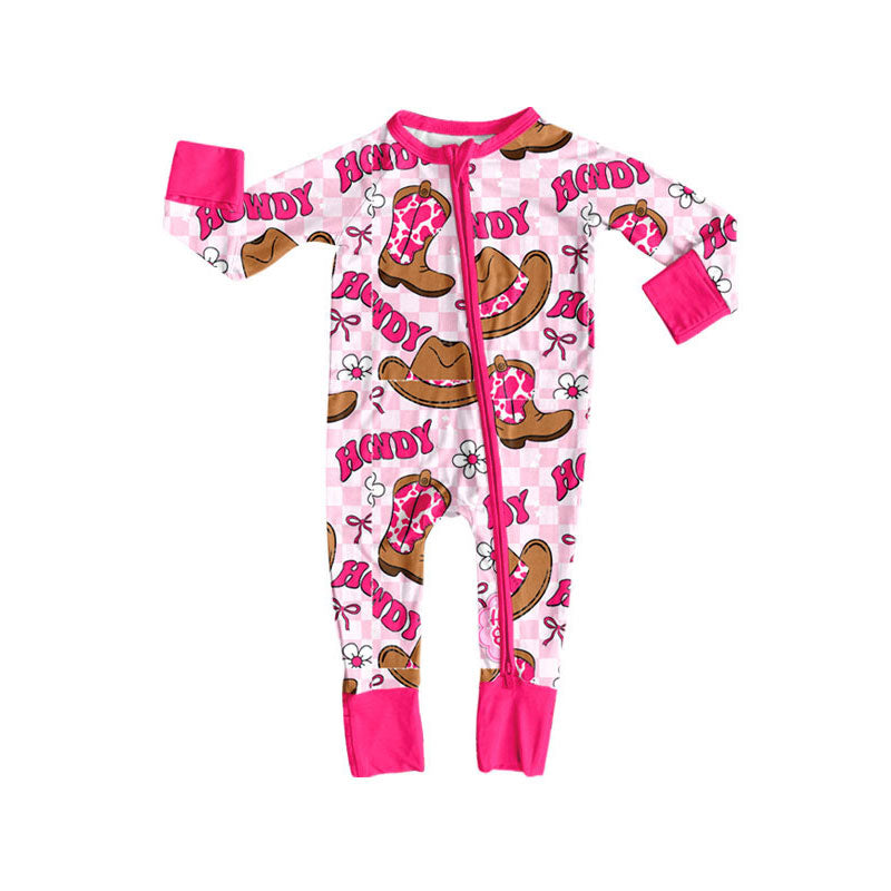Preorder (moq 8)Baby Girls Pink Checked Hats Boots Howdy Western Zipper Footie Rompers