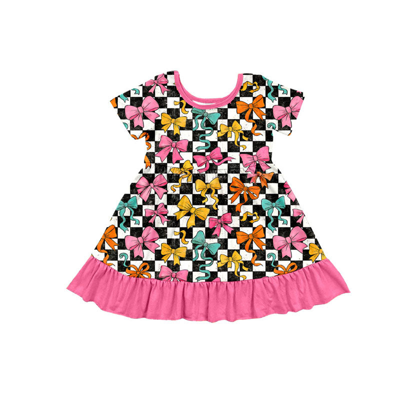 Preorder(moq 5) Baby Girls Black Checked Colorful Bows Ruffle Knee Length Dresses