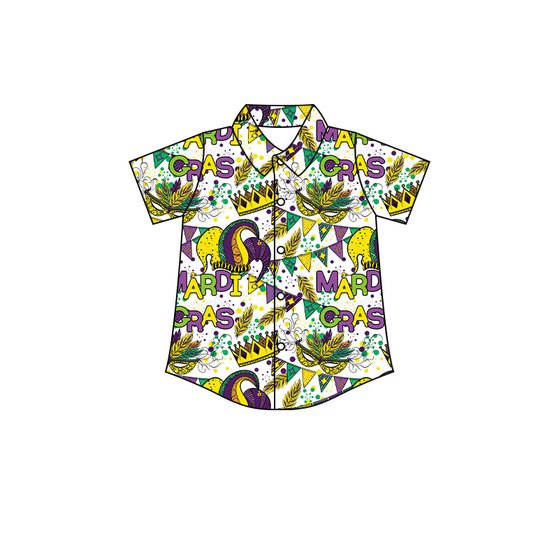 Preorder (moq 5)Baby Boys Mardi Gras Flags Buttons Short Sleeve Tee Shirts Tops