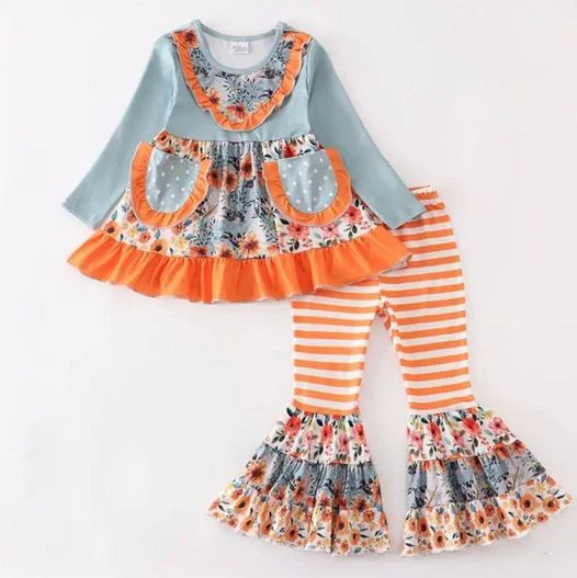 Preorder moq 5 Baby Girls Flowers Pockets Tunic Bell Bottom Pant Set