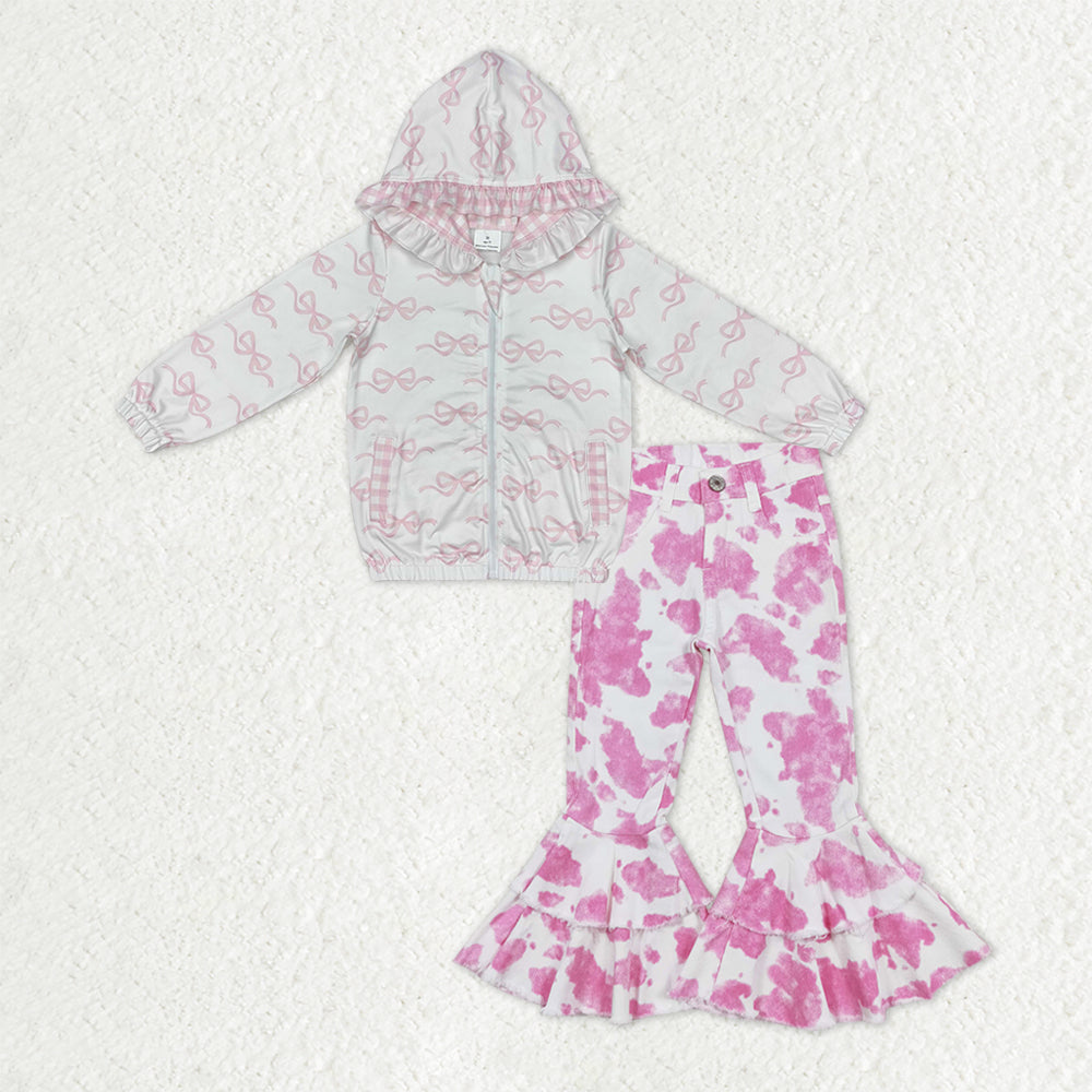 Baby Girls Pink Bows Zip Pocket Hoodies Jacket Cowhide Denim Bell Bottom Pants Clothes Sets