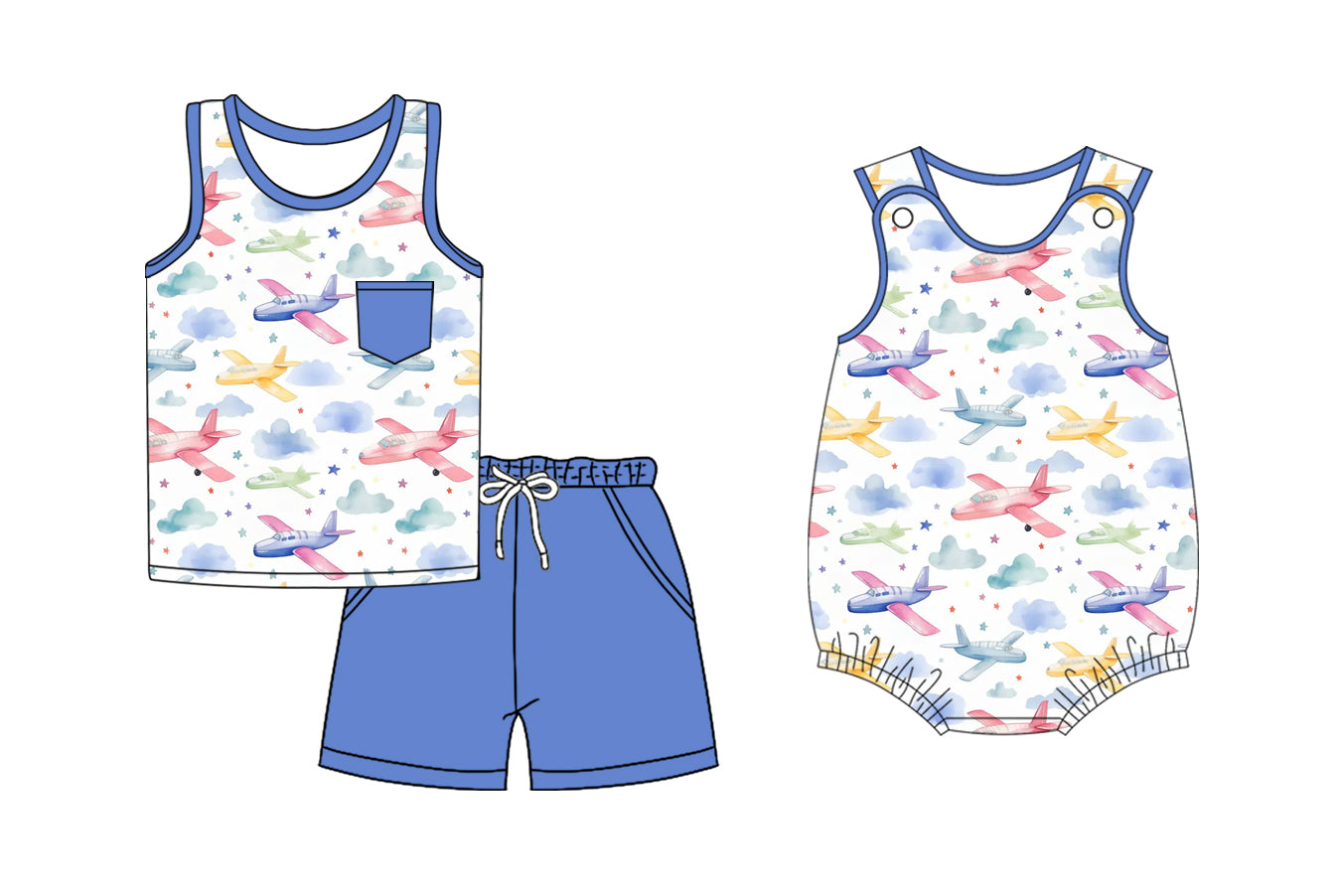 Preorder moq 5 Custom Baby Boys Sleeveless Planes Stars Top Blue Pockets Short Set Rompers