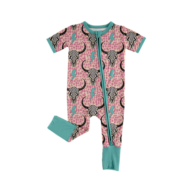 Preorder(moq 5)Baby Infant Girls Pink Leopard Cow Skull Zip Sleepers Rompers