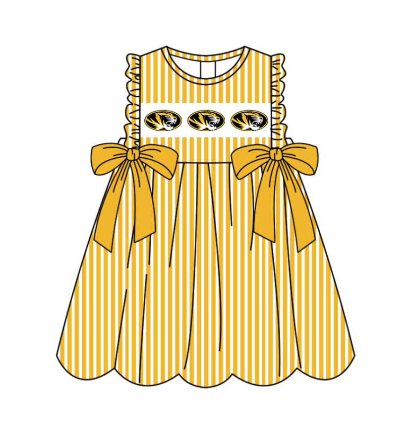 Preorder (moq 5)Baby Girls Sleeveless Yellow Stripe Tigers Bows Team Knee Length Dresses