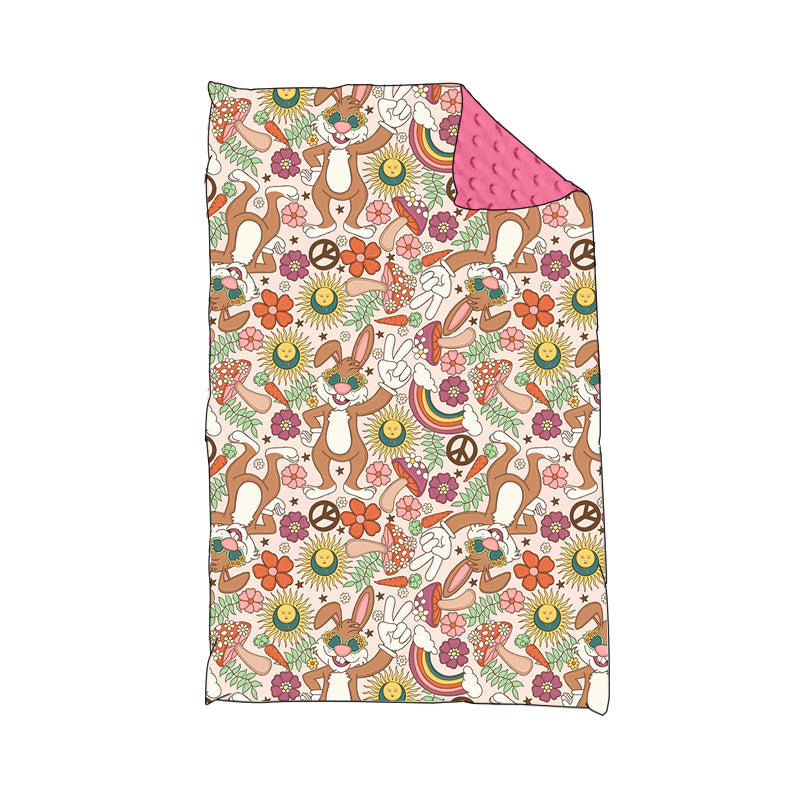 Baby Girls Pink Easter Rabbits Flowers Minky Blankets preorder(moq 5)