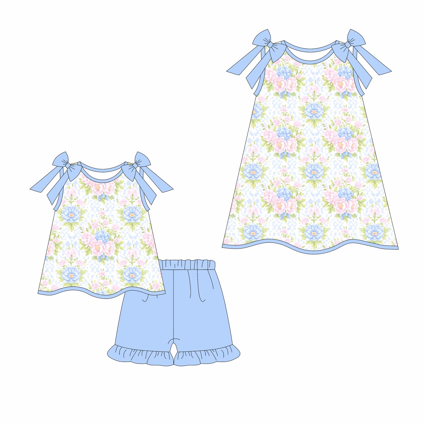 Preorder moq 5 Custom Baby Girls Blue Strap Floral Tunic Ruffle Short Set Knee Length Dresses