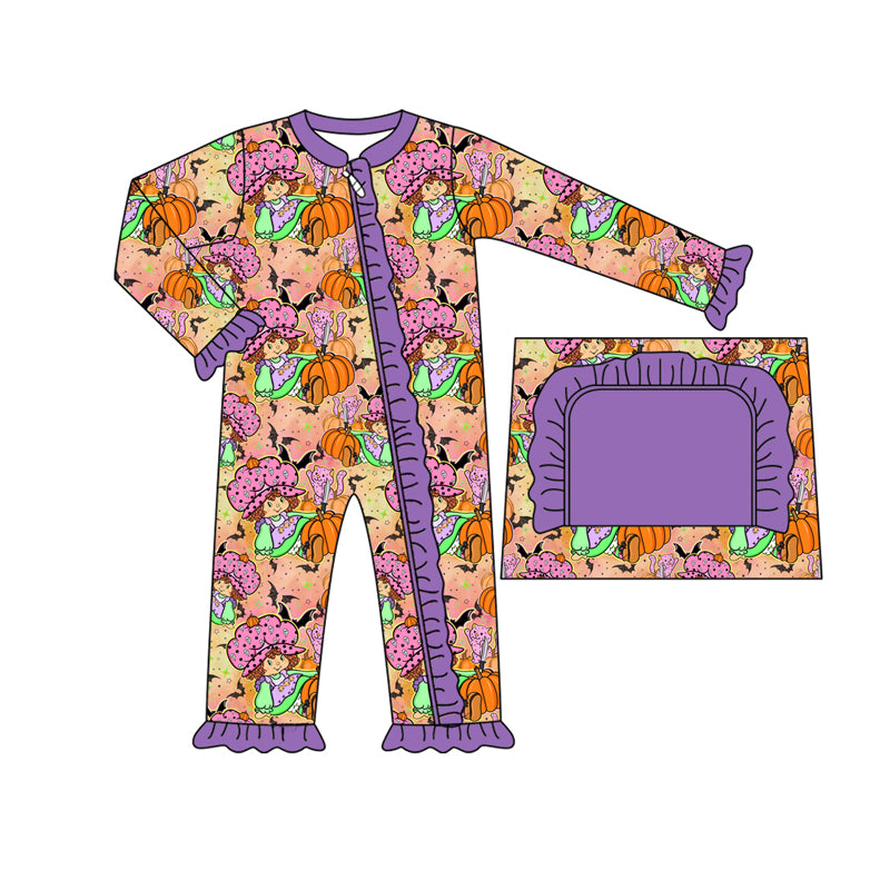 preorder(moq 5)Baby Infant Girls Purple Bat Pumpkins Ruffle Zipper Halloween Rompers