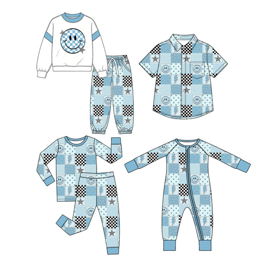 Preorder (moq 5) Baby Girl Clothes Patchwork Check Smile Star Lightning Mixed Print Long Sleeve Top Pant Pajama Set