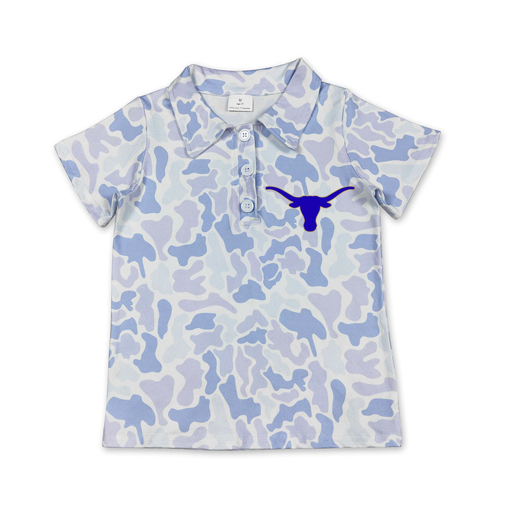 Preorder (moq 5)Baby Boys Light Blue Camo Texas Longhorns Team Button Polo Shirt Top
