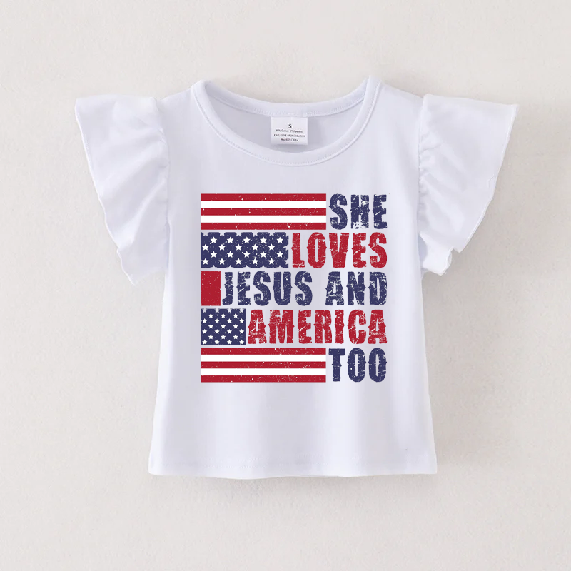 Baby Girls Love Jesus 4th Of July Flutter Sleeve Tee Shirts Tops Preorder(moq 5)