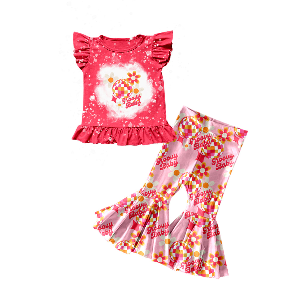 Baby Girls Groovy Babe Flutter Sleeve Shirts Flowers Bell Pants Clothes Sets preorder(moq 5)