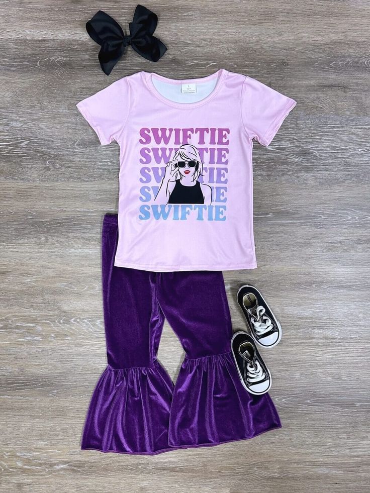 Girls Swiftie Lavender Shirt Velvet Bell Bottom Pants Clothes Sets