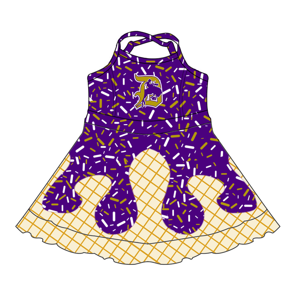 Preorder (moq 5)Baby Girls Purple Drip Sprinkles D'Hanis Team Shorts Ruffle Knee Length Dress