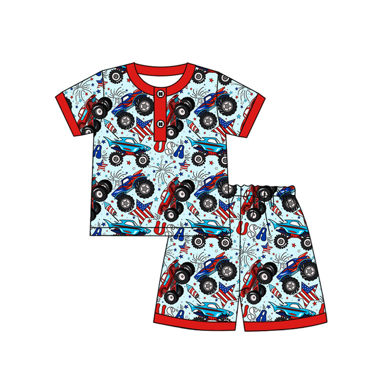Preorder moq 5 Baby Boys Short Sleeves Stars Firework Button Top Shorts 4th Of July Pajamas Set