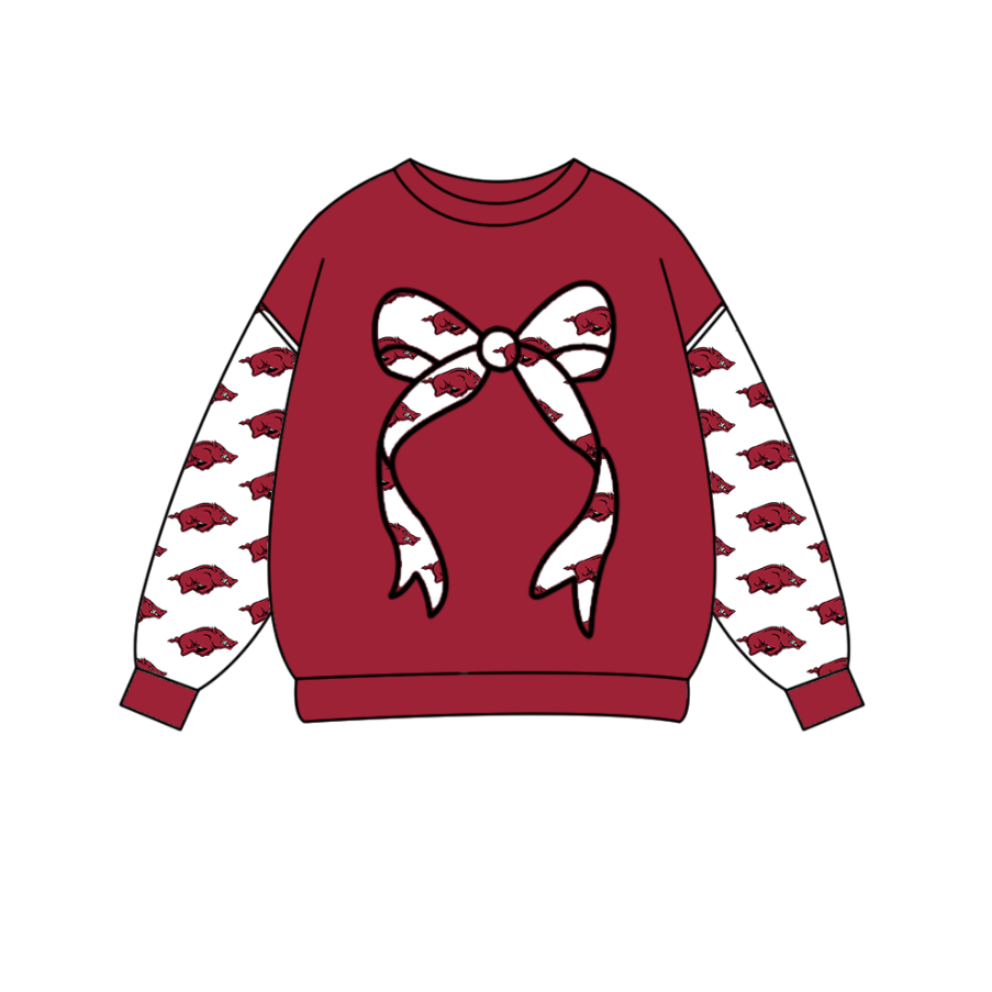 Preorder Moq 5 Baby Girls Red Long Sleeve Bulls Bows Team Tee Shirts Top