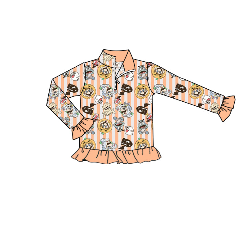 Baby Girls Halloween Game Long Sleeve Ruffle Zip Pullover Tops Preorder(moq 5)