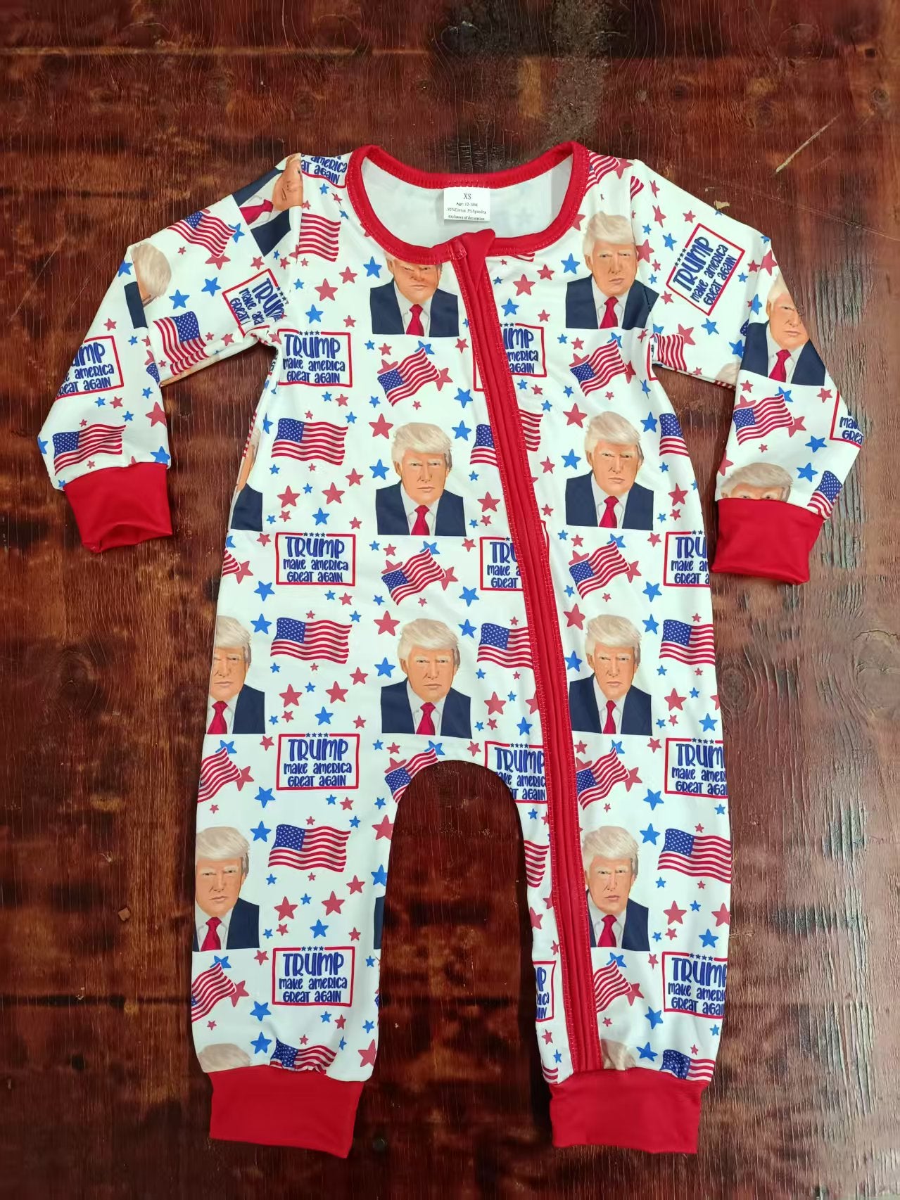 Preorder moq 5 Baby Boys Red Long Sleeves Flags Stars Trump 4th Of July Zipper Rompers