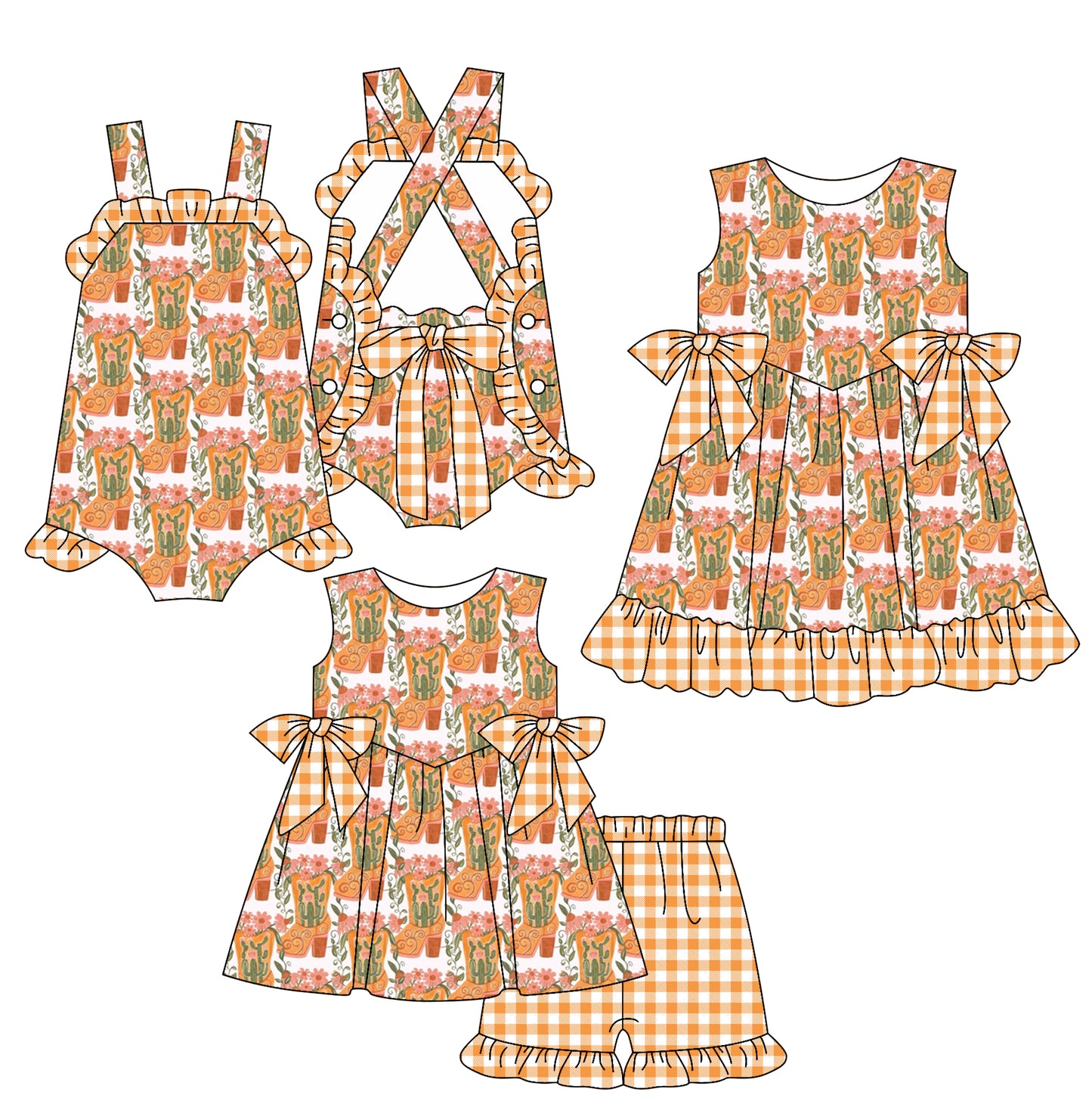 Preorder moq 5 Custom Baby Girls Orange Plaid Strap Floral Boots Bows Tunic Ruffle Short Set Knee Length Dress Rompers