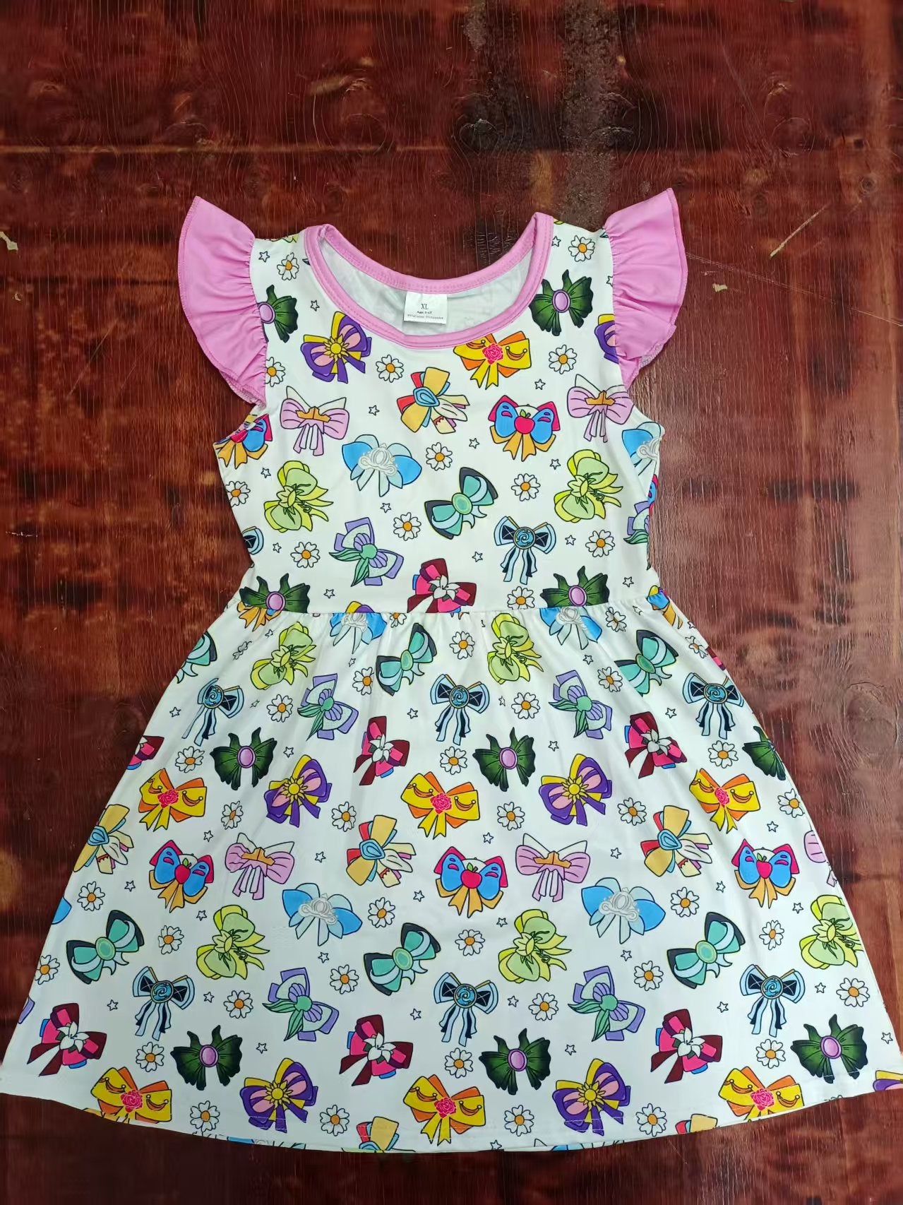 Preorder moq 5 Baby Girls Pink Flutter Sleeves Colorful Bows Flowers Knee Length Dresses