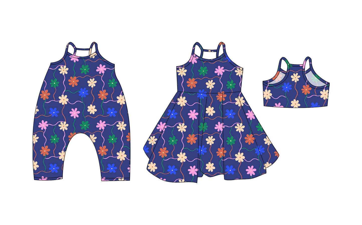 Preorder moq 5 Custom Baby Girls Navy Strap Colorful Flowers Knee Length Dresses Romper