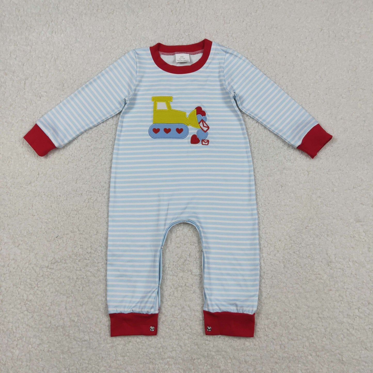 Sibling Baby Boys Embroidery Hearts Excavators Stripe Pants Valentines Clothes Set Footie Rompers