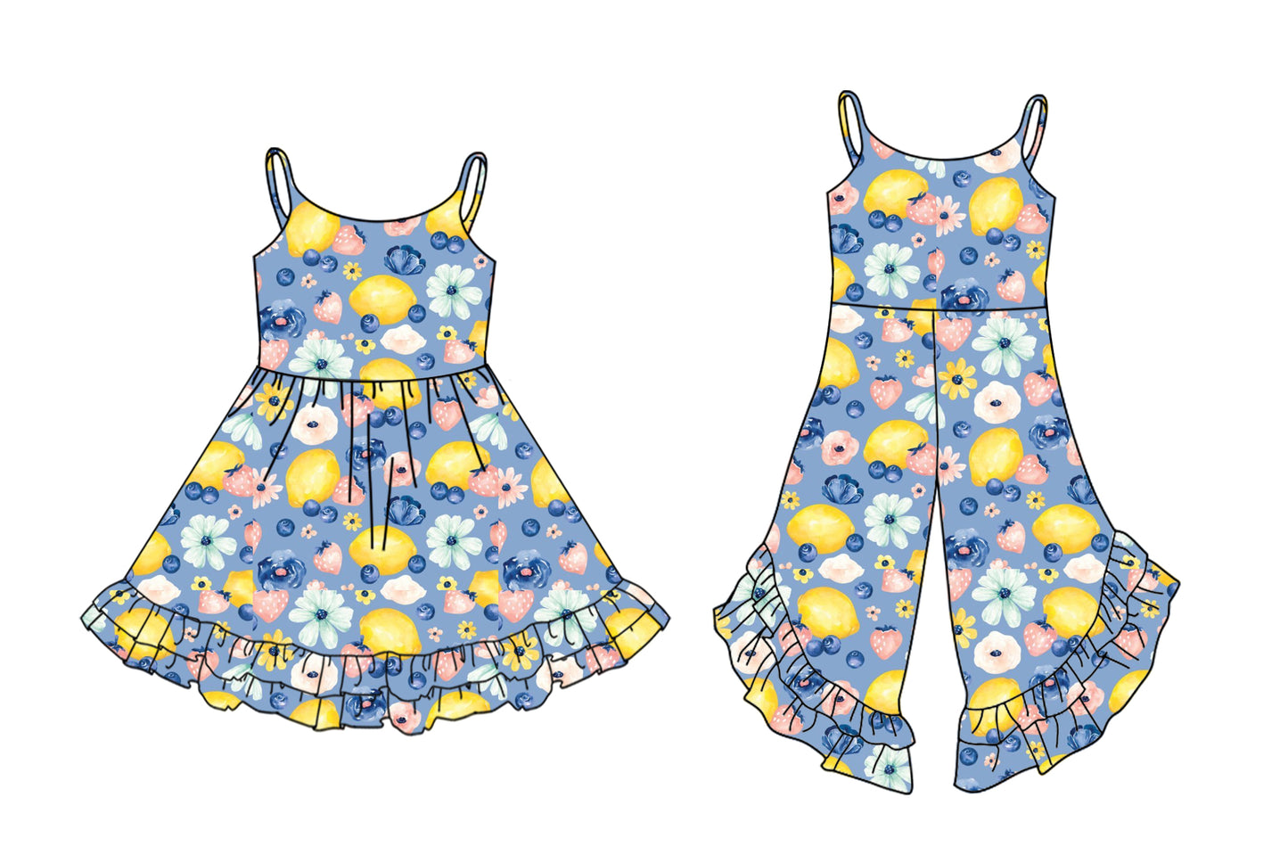 Preorder moq 5 Custom Baby Girls Blue Strap Lemons Floral Ruffle Jumpsuits Knee Length Dresses