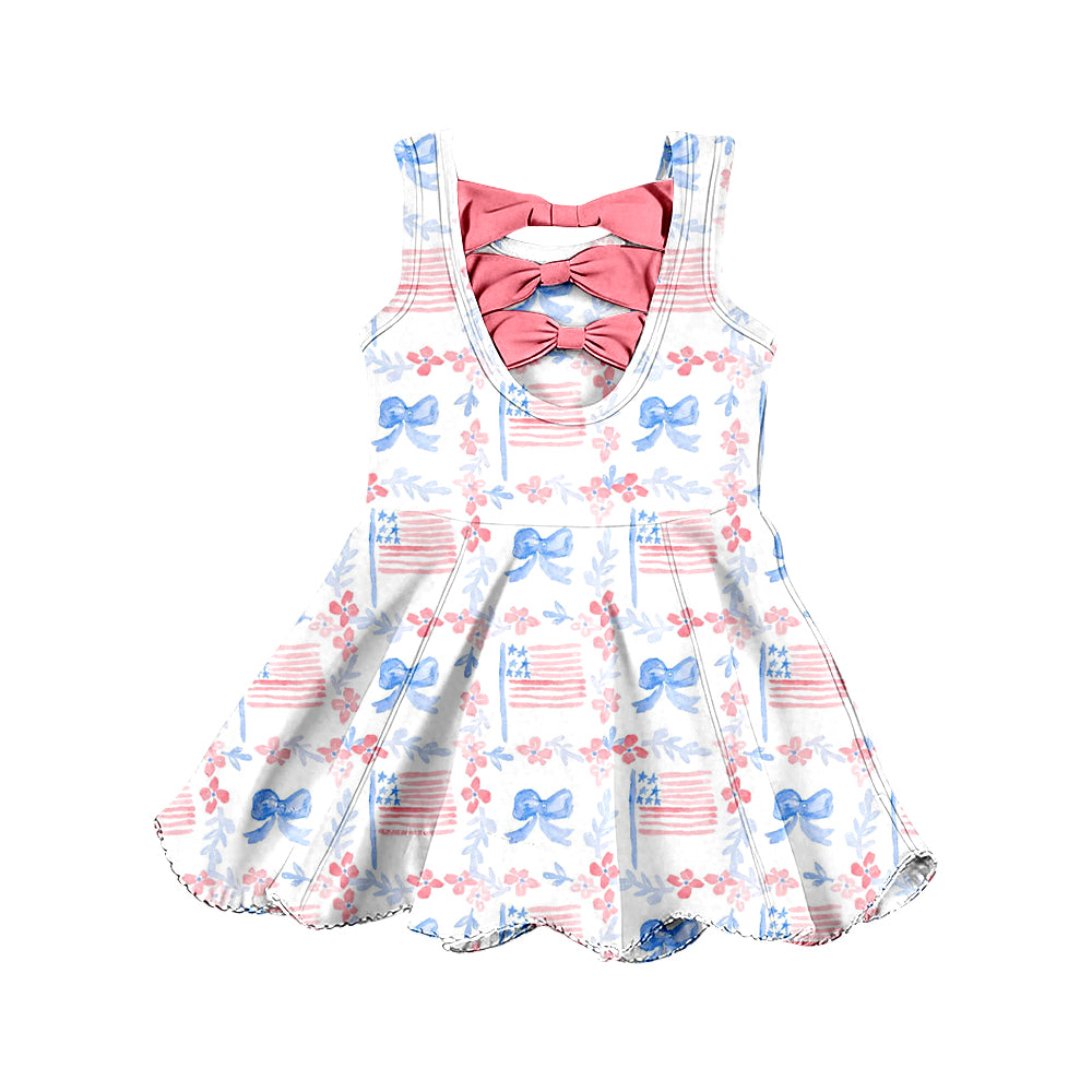 Preorder (moq 5)Baby Girls Sleeveless Flowers Flags Scallop 4th of July Shorts Knee Length Dress
