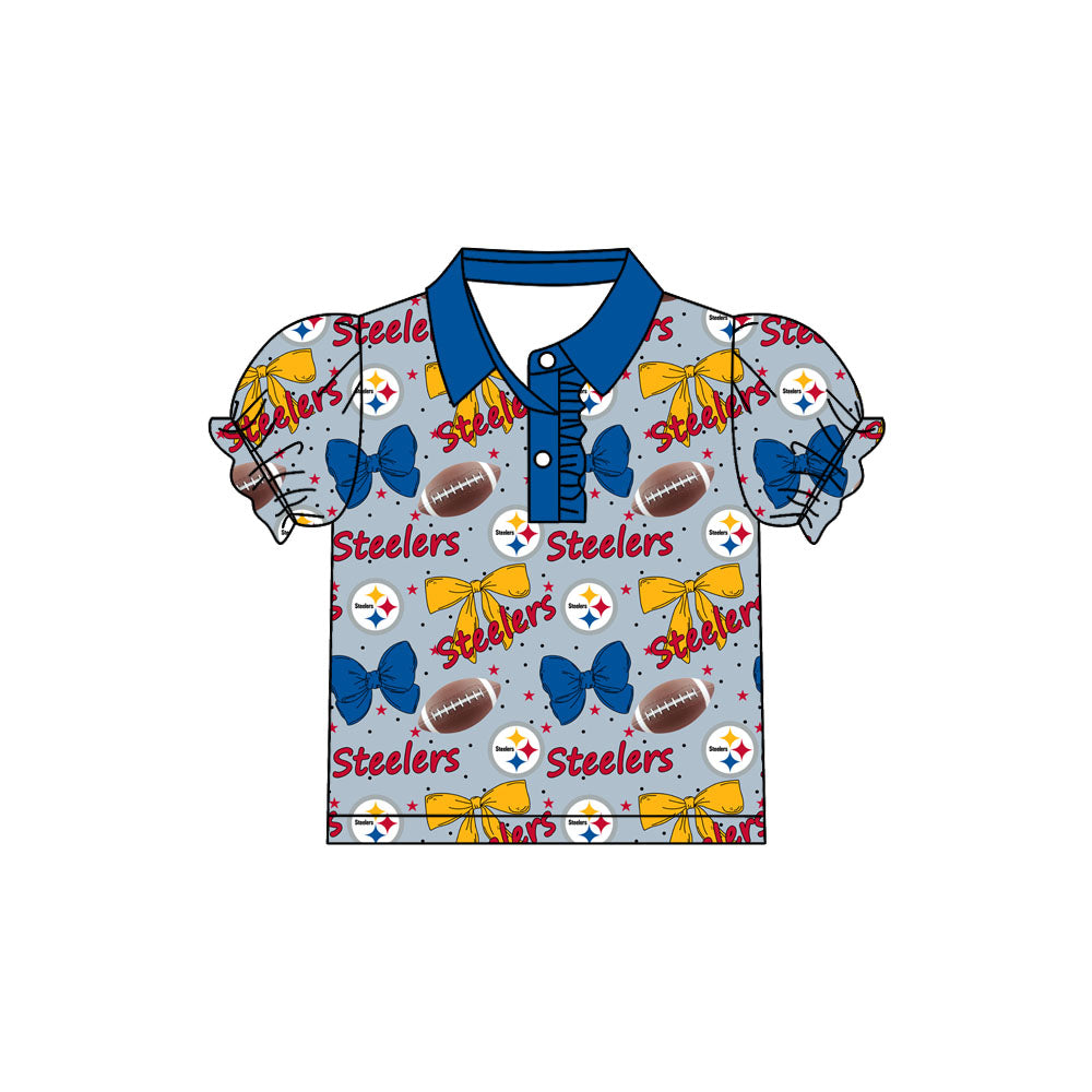 Preorder(moq 5)Baby Girls Steelers Bows Team Short Sleeve Tee Pullovers Polo Shirts Tops