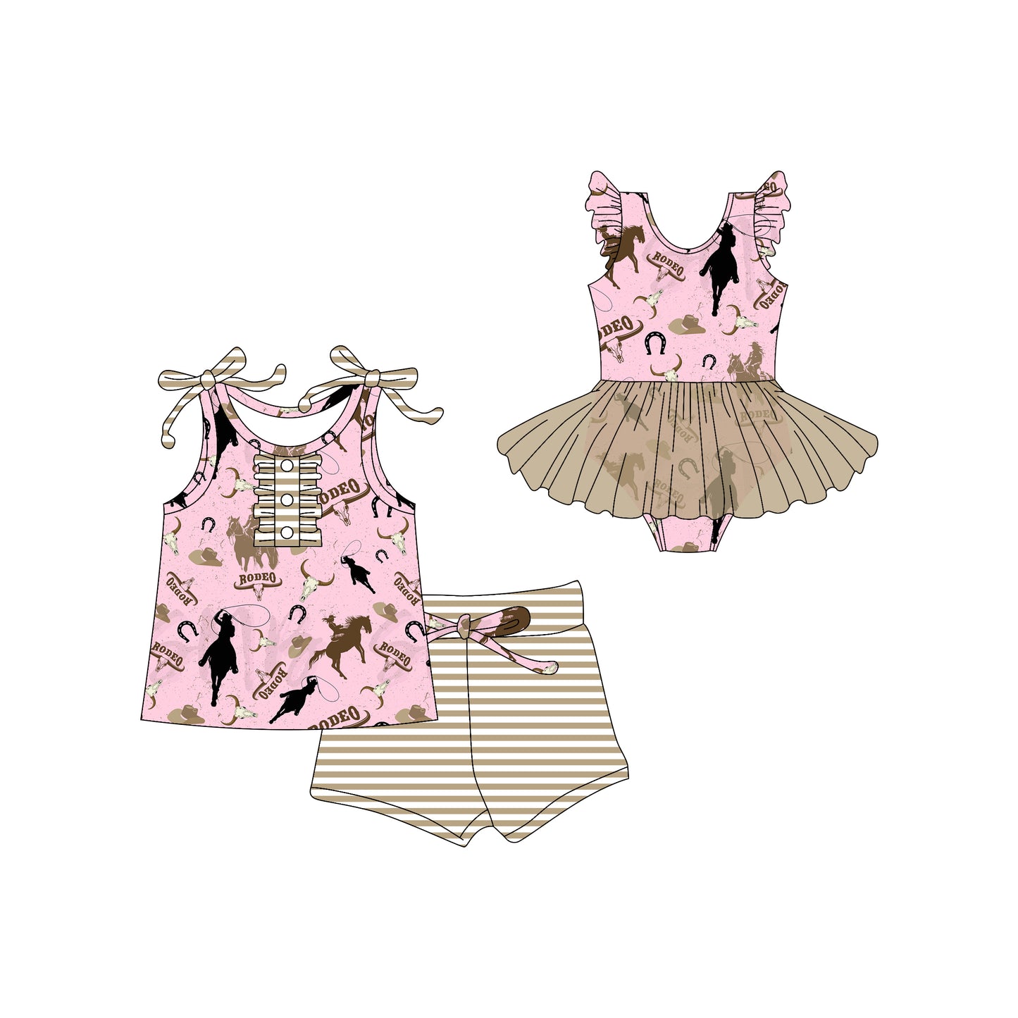 Preorder moq 5 Custom Baby Girls Khaki Strap Horse Rodeos Button Top Stripe Short Set Skort Bummise Romper