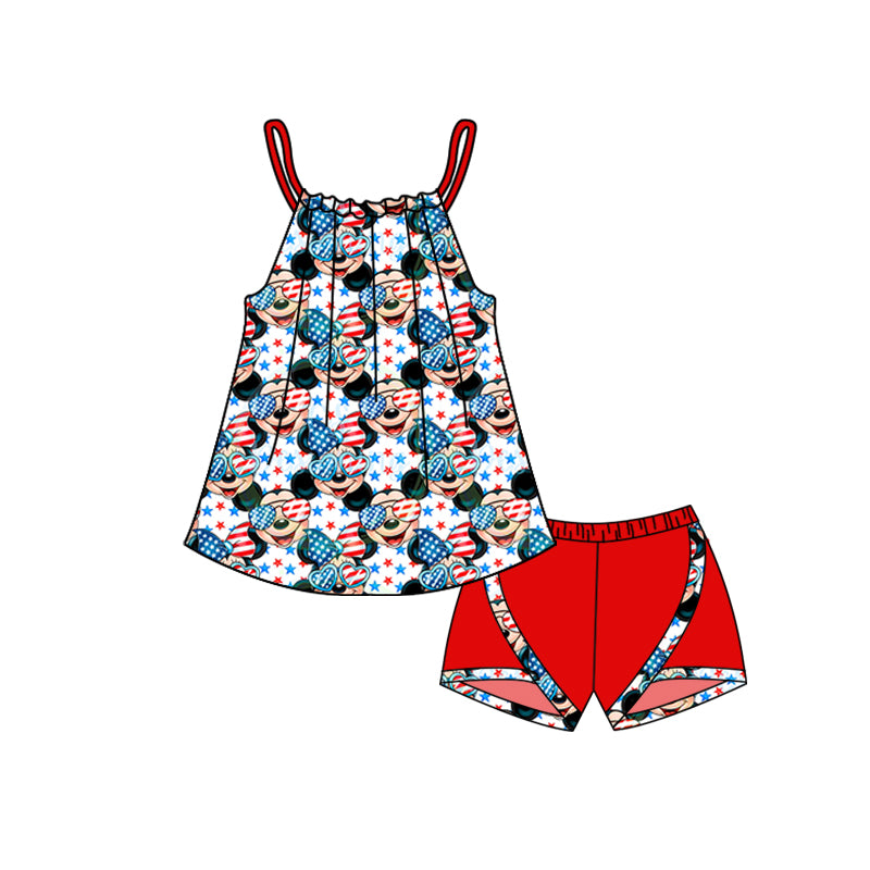 Preorder moq 5 Baby Girls Red Strap Cartoon Mouse Stars Tunic Short 4th Of July Set