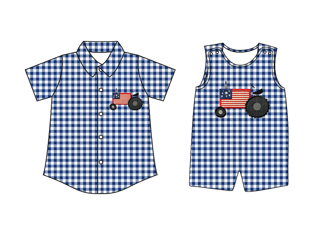 Preorder moq 5 Custom Baby Boys Blue Plaid Button Flags Truck 4th Of July Shirts Top Rompers