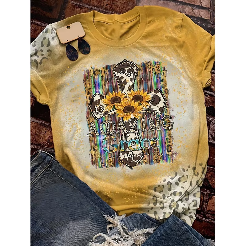 Preorder moq 5 Adult Women Western Cross Sunflowers Bleached Tee Shirts Tops