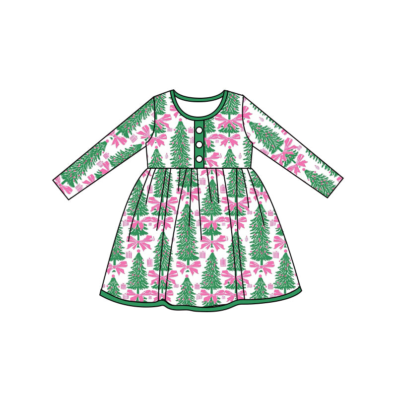 Baby Girls Christmas Green Tree Bow Knee Length Dresses Preorder(moq 5)