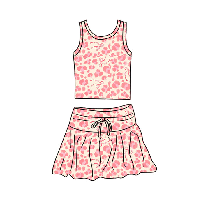 Preorder (moq 5)Baby Girls Pink leopard Bows Vest Top Skirt Short Clothes Sets