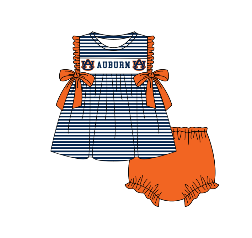 Preorder (moq 5)Baby Girls Sleeveless Auburn Stripe Tunic Bummies Team Clothes Sets