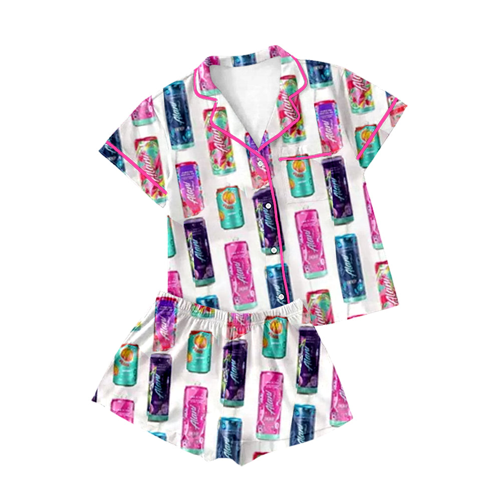 Preorder(moq 5)Adult Women Colorful Coke Buttons Tee Shirts Shorts Pajamas Sets