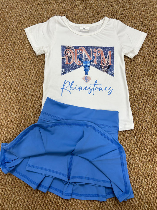 Baby Girls Western Rhinestone Shirt Blue Pleated Skorts Yoga Active Sets