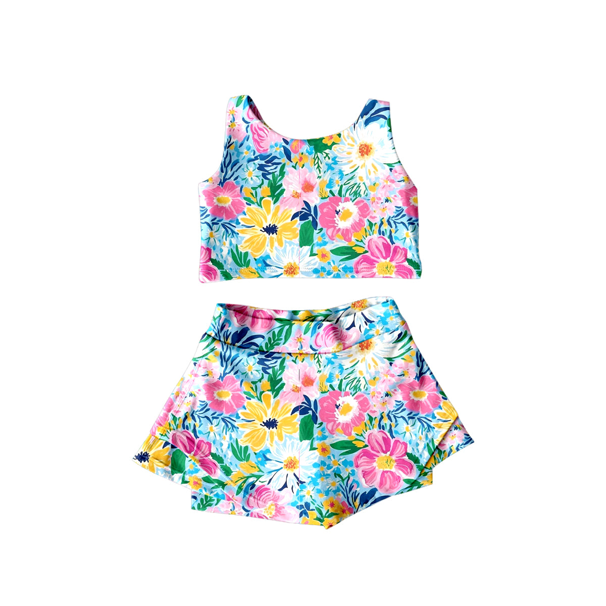 Baby Girls Blue Pink Flowers Top Ruffle Shorts Skirts 2pcs Swimsuits preorder(moq 5)