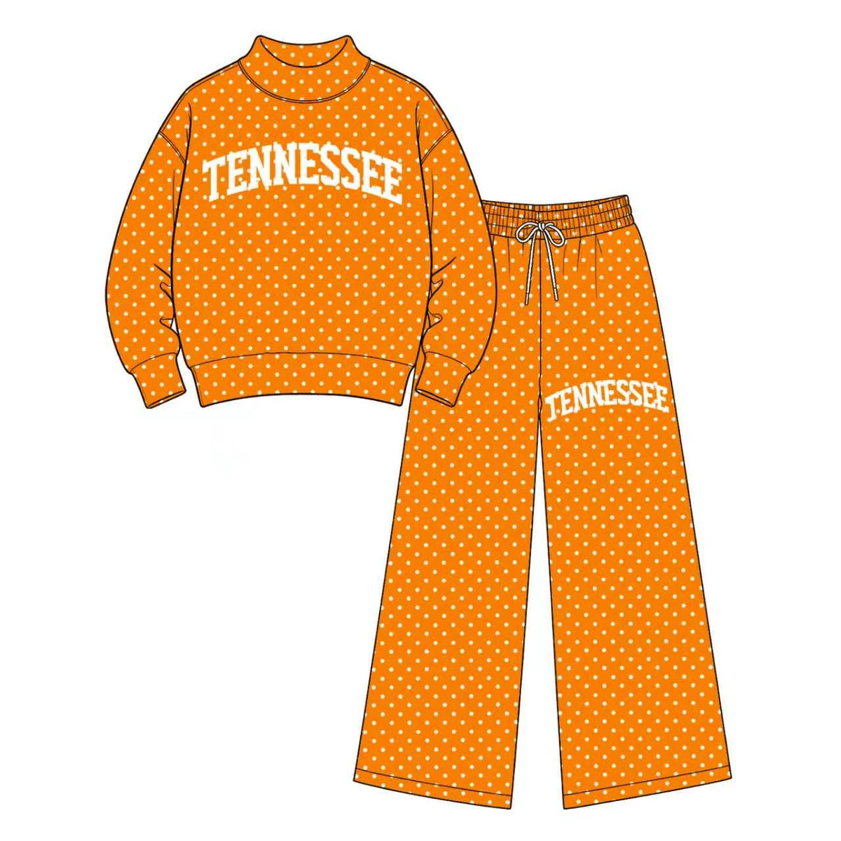 Preorder (moq 5) Baby Girl Clothes Tennessee Orange Polka Dot Print Long Sleeve Mock Neck Top Wide Leg Pant Set
