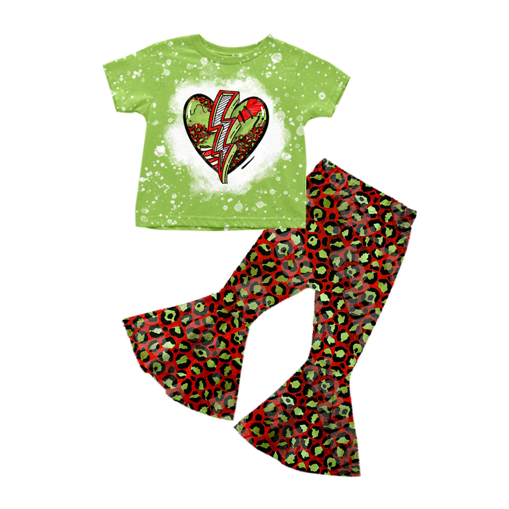 Baby Girls Christmas Green Face Heart Green Tops Leopard Bell Pants Outfits Sets Preorder(moq 5)