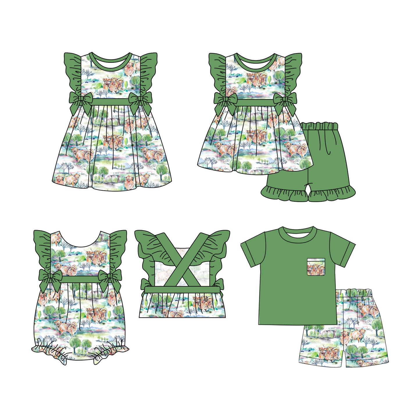 Preorder moq 5 Custom Baby Girls Highland Cows Tunic Green Ruffle Short Sets Knee Length Dress Rompers