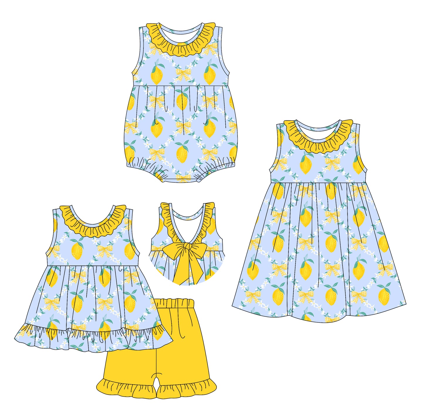 Preorder moq 5 Custom Baby Girls Sleeveless Bows Lemons Tunic Yellow Ruffle Short Set Knee Length Dress Rompers